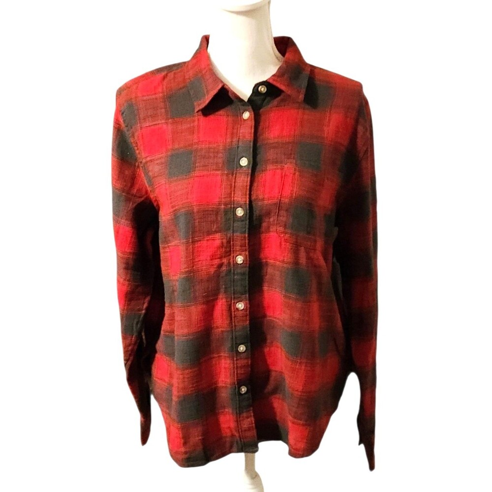 Lucky Brand Flannel Button Up Shirt Pocket Red Gray Plaid Womens Size M Gorpcore